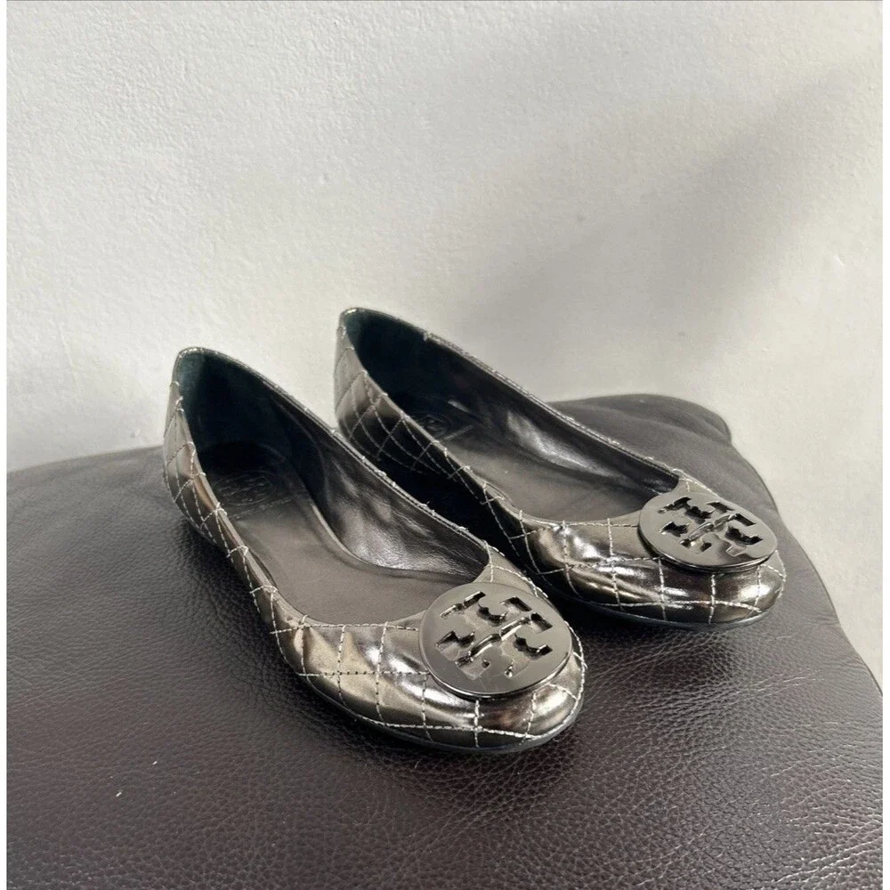Tory Burch Quinn Pewter Metallic Quilted Leather Ballet Flats Womens Size 8.5